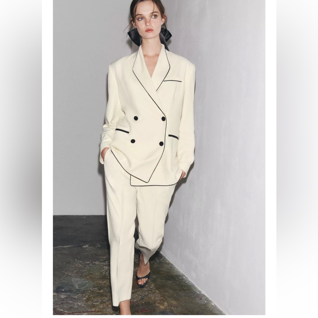 Zara 2 Pieces Matching Set Contrast Trim Blazer & Pants With Contrast Piping
